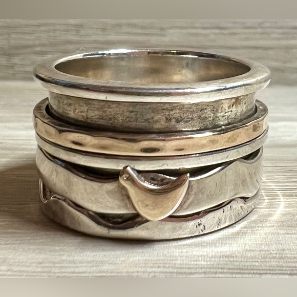 Vintage Designer (AIL) Sterling Silver & Gold Bird Wide Spinner Ring, Size 10 - Picture 3 of 8